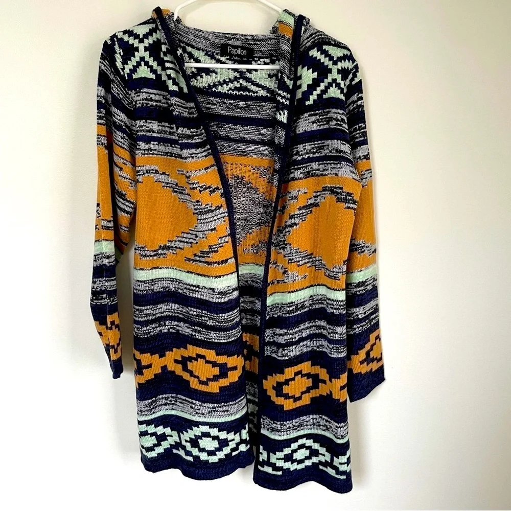 Papillon open face hooded cardigan with Aztec type print